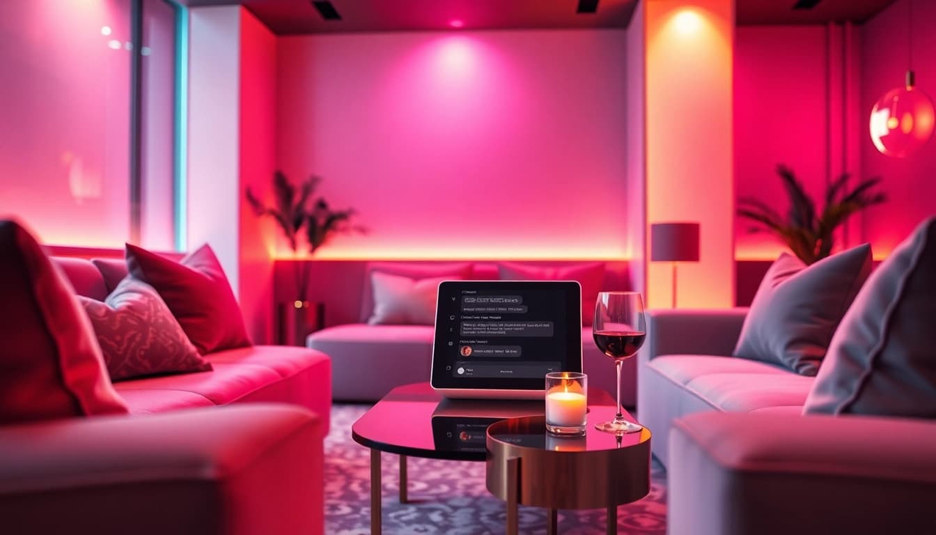 Intimate lounge area showcasing AI sexting interactions through a digital device, warm romantic setting.