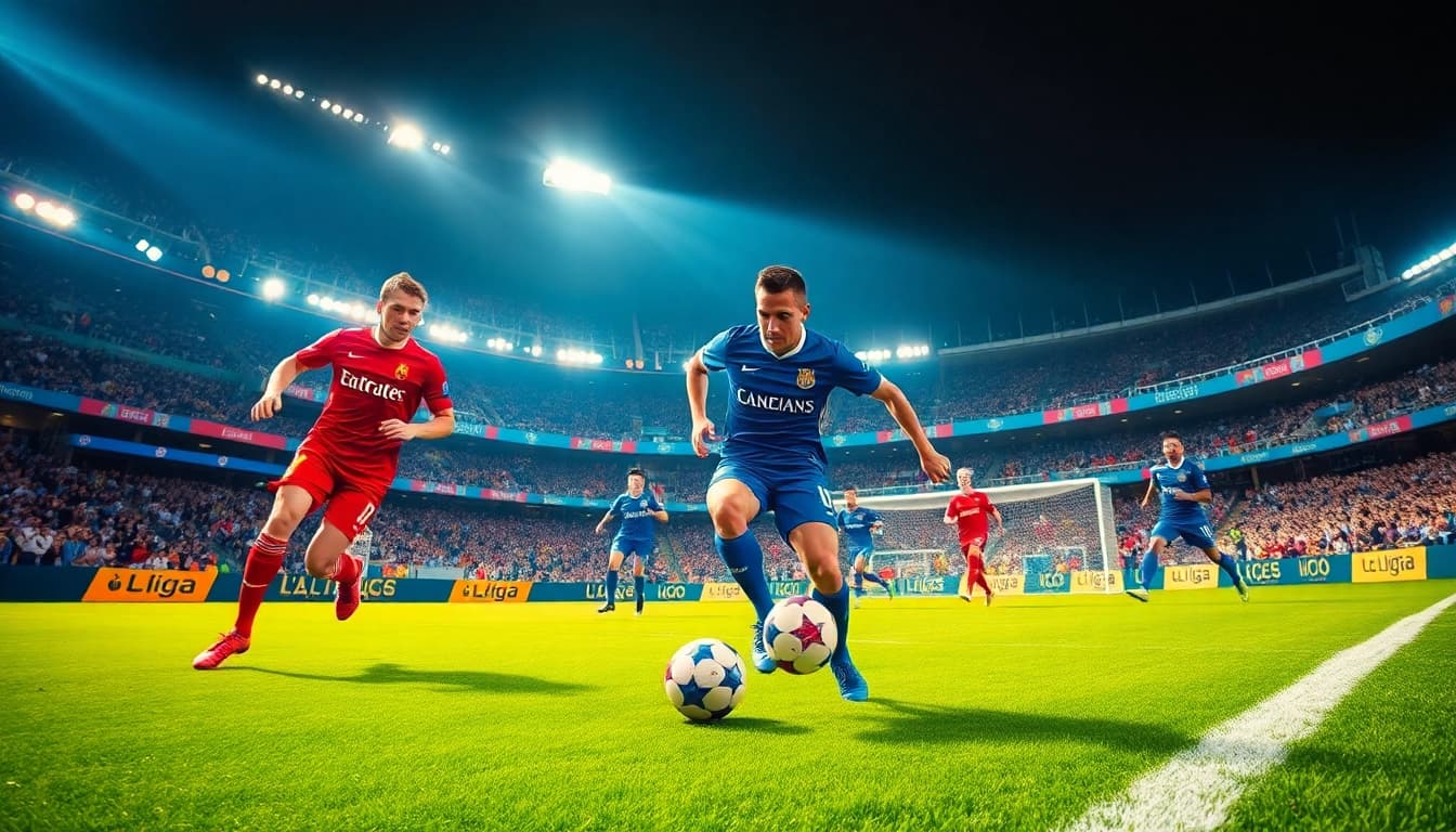 Experience the thrill of Giải Bóng đá Vô địch Quốc gia Tây Ban Nha with players in action, vibrant stadium atmosphere.