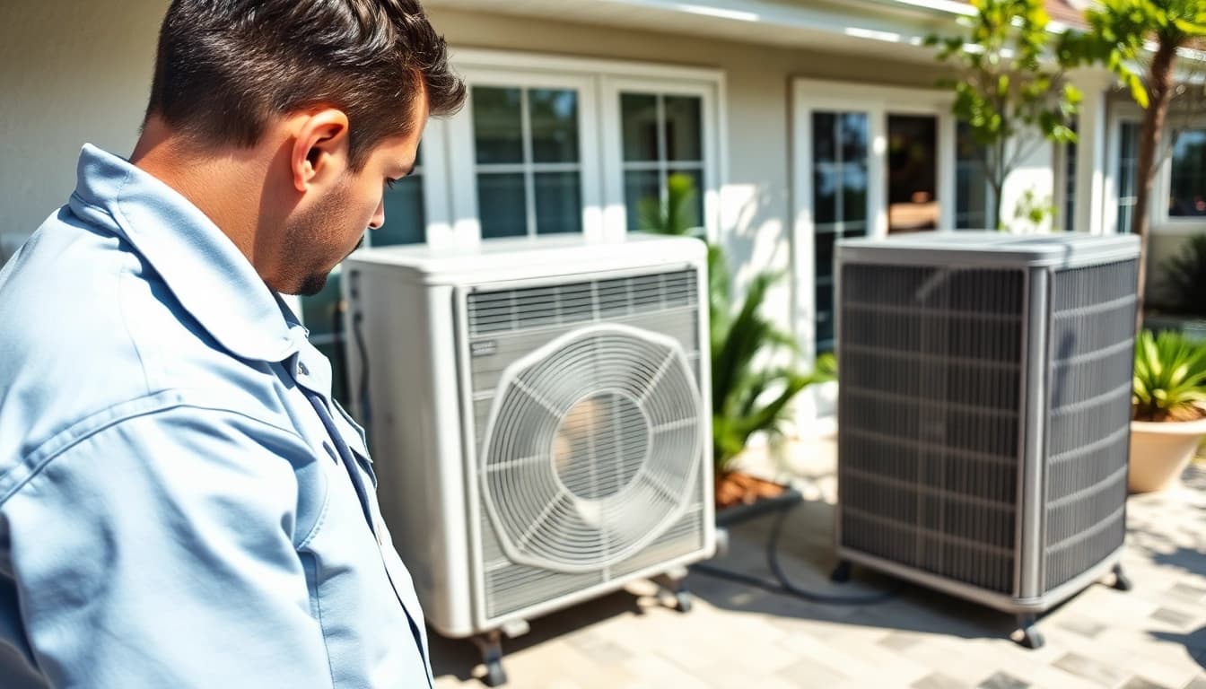 Get reliable AC Repair Tampa from a skilled technician working efficiently in a sunny residential setting.