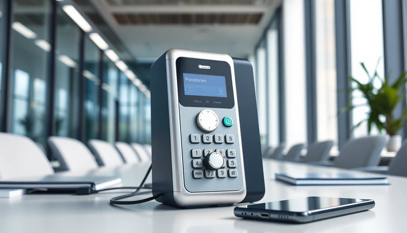 Phonelocker device showcased in a modern office setting, emphasizing connectivity and design.