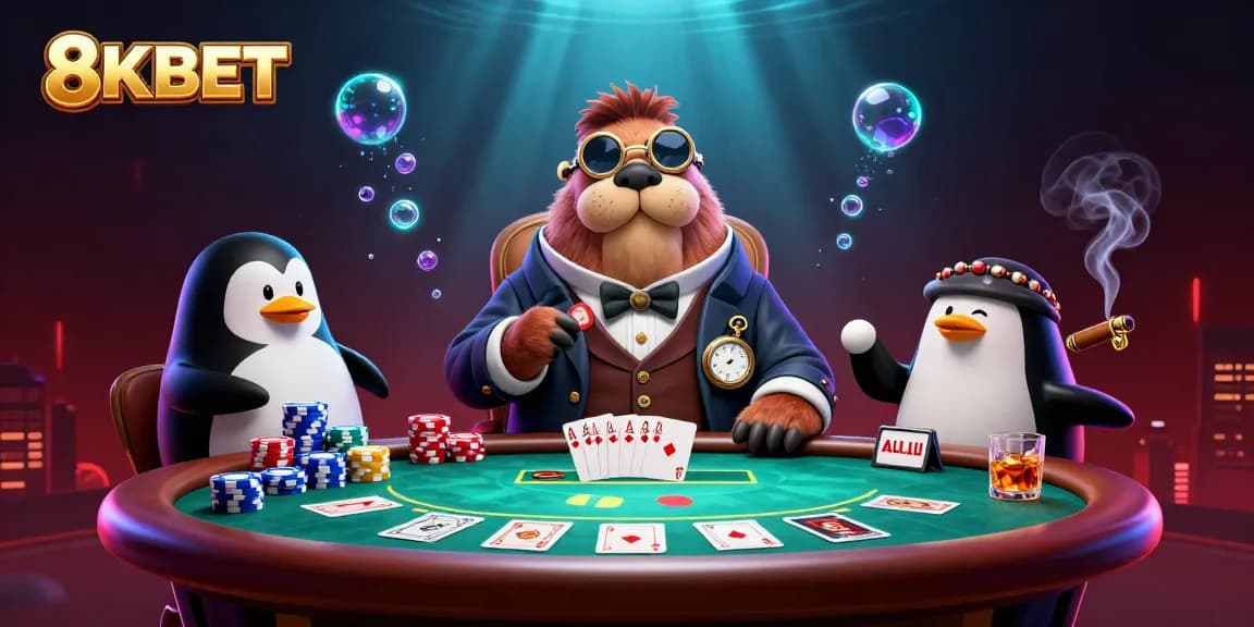 Engage with 8KBET's underwater poker scene featuring whimsical characters in a vibrant casino atmosphere.