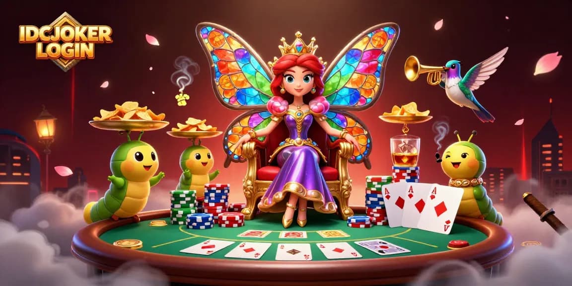 IDCJOKER LOGIN showcases a dynamic casino scene with a butterfly queen and poker elements, emphasizing vibrant gameplay.