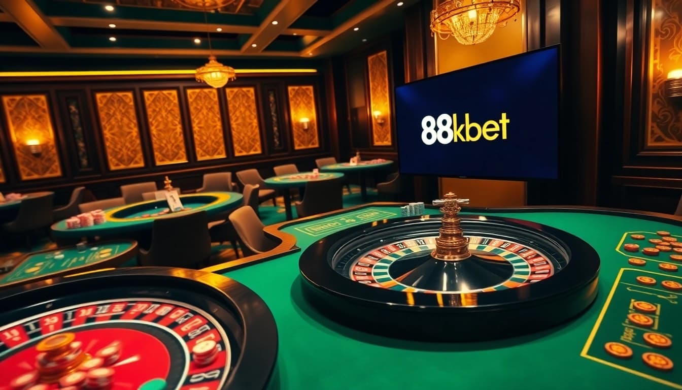 Experience high-stakes gaming action at 8kbet with vibrant casino tables and players engaged in thrilling bets.