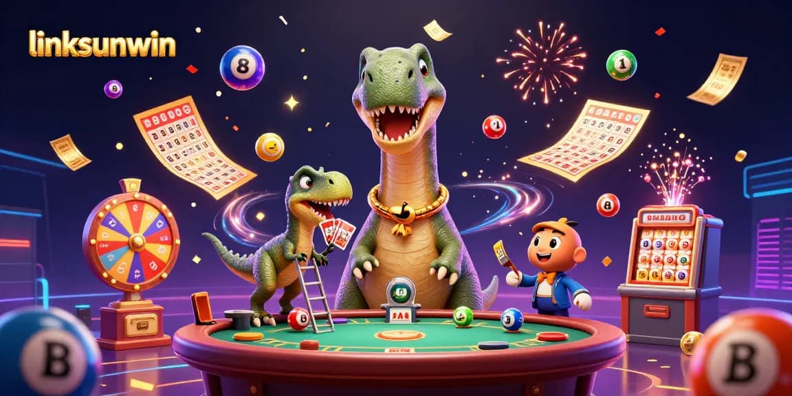 Engage with games at linksunwin as a brontosaurus overlooks an exciting casino scene.