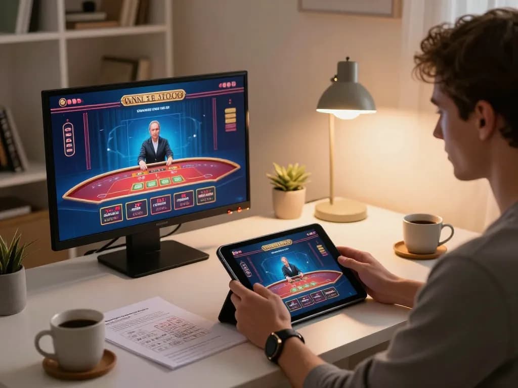 Engaged player utilizing vuabet88 for online casino gaming experience with a live dealer setup
