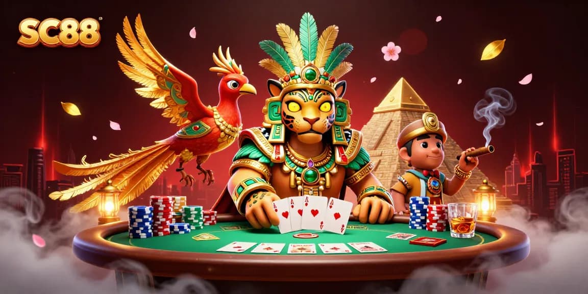 Engage with thriving SC88 poker action featuring a Mayan jaguar priest and vibrant gaming elements.