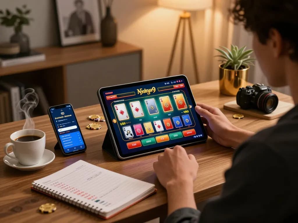 Nyonya9 online gambling scene showcasing player strategy with tablet gaming in stylish home office.