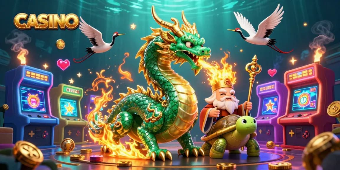 Experience the thrill of a CASINO with a vibrant scene featuring a jade dragon and colorful gaming elements.