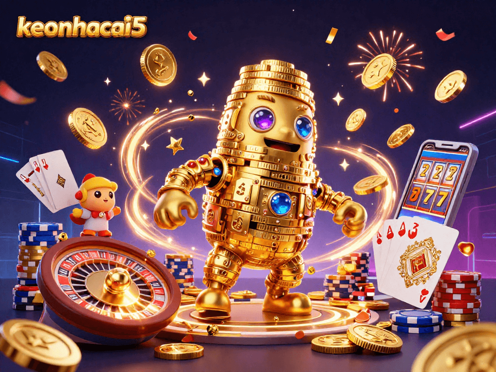 Engage with keonhacai5's vibrant gaming scene featuring a golden golem and dynamic casino elements.