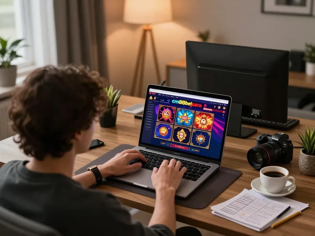 Engaged user on a laptop exploring cm88betjuara online casino games, illustrating a comfortable gaming environment.