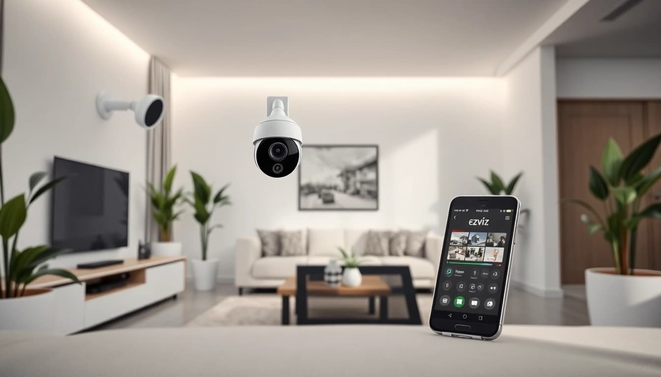 Instalación de cámaras Ezviz en una sala de estar moderna que ilustra una integración perfecta con la decoración del hogar.