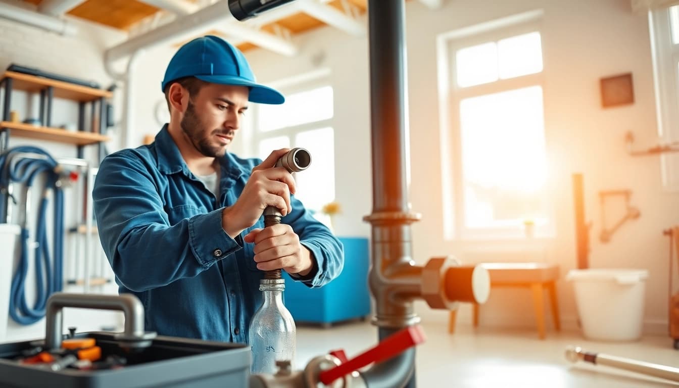 Skilled plumber performing whole house repiping services Tampa in a bright, modern setting.