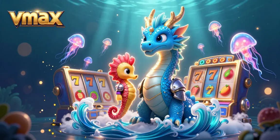 Engage in vibrant gaming action with vmax amidst slot machines and colorful sea creatures.