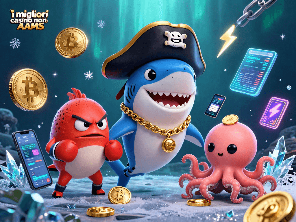 Gioca nei migliori casino non AAMS con un'illustrazione vivace di un pesce pirata e amici, circondati da criptovalute e dettagli accattivanti.