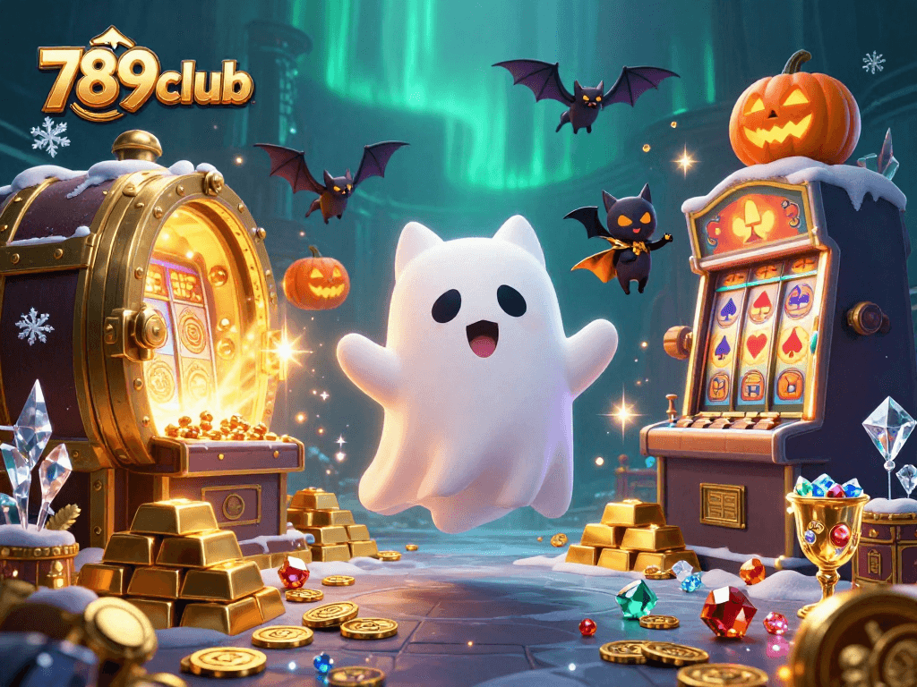 Experience thrilling gaming adventures with 789club's cartoon ghost cat in a haunted casino.