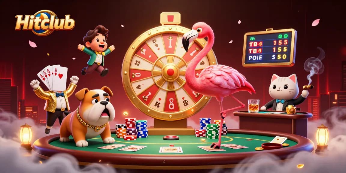 Hitclub features dynamic characters in a lively casino scene with poker elements, exuding excitement.