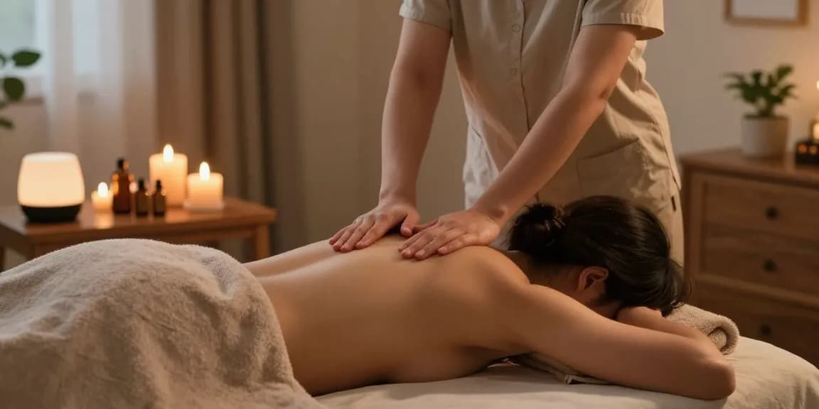 Relaxing 출장마사지 session at home with soothing atmosphere and warm lighting.