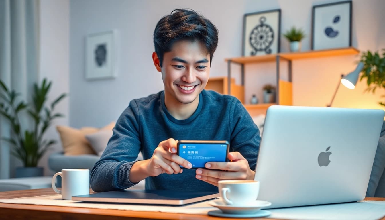 快连官网 app interface displayed on a mobile device in a cozy setting, showcasing seamless connectivity.
