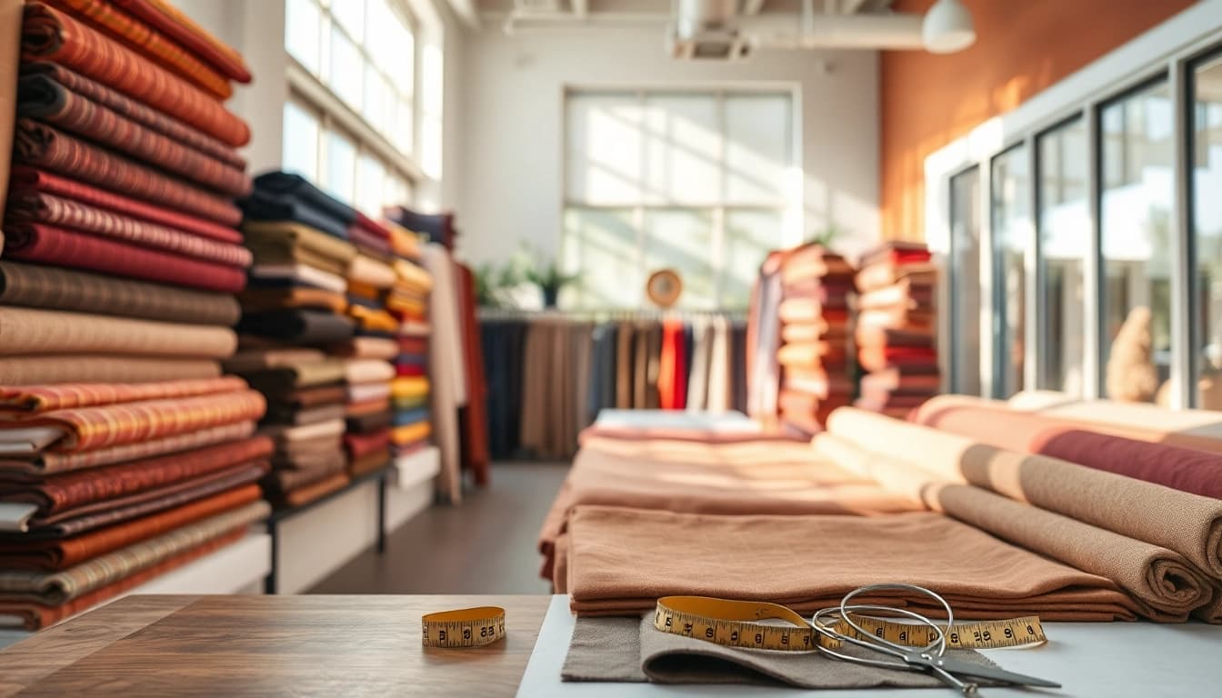 Bekijk stof kopen per meter met een verzameling van kleurrijke stoffen in een moderne winkel.