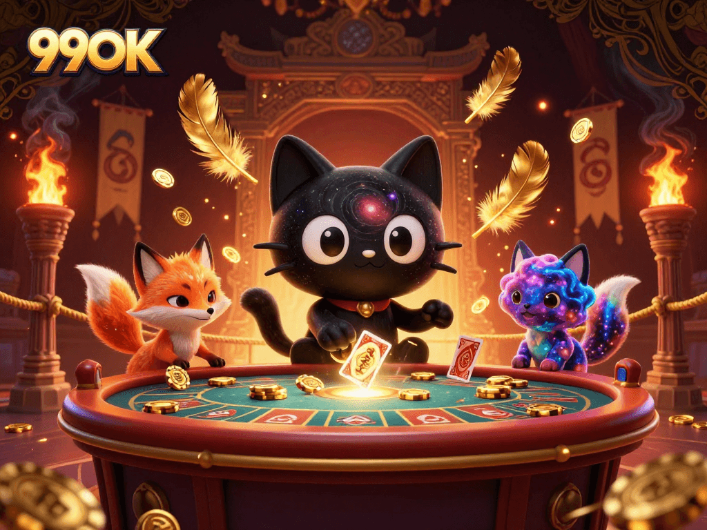 Experience 99OK's engaging universe as a black hole cat draws in gold at a cosmic casino.