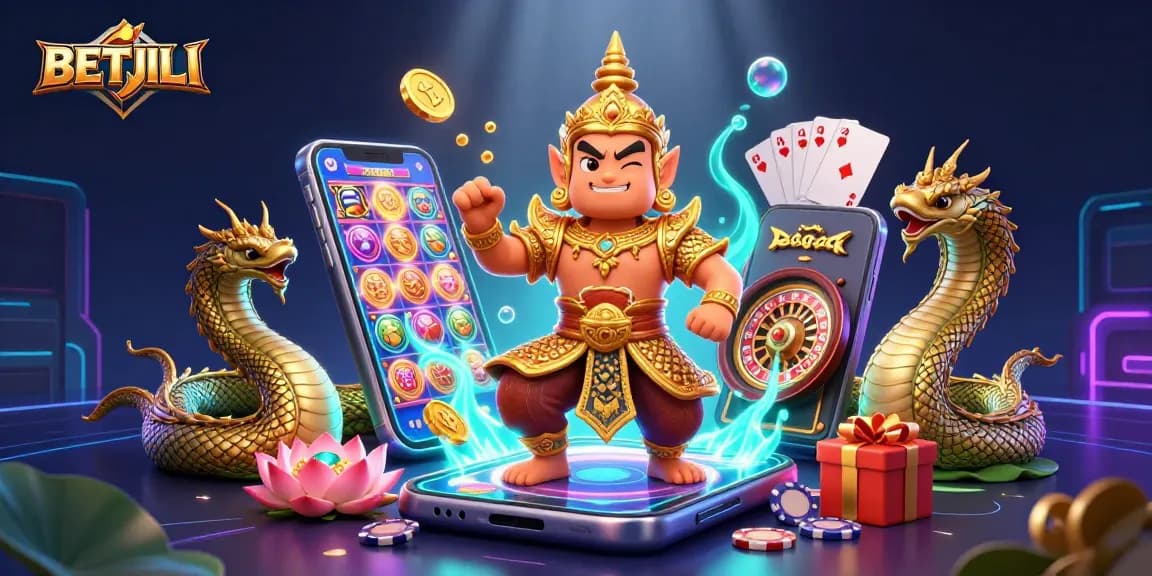 BETJILI casino scene featuring a guardian, Naga companions, and a colorful slot game on mobile, surrounded by lively elements.