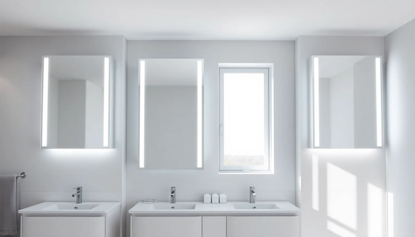 Stylish illuminated bathroom cabinets enhancing a modern bathroom's elegance and functionality.