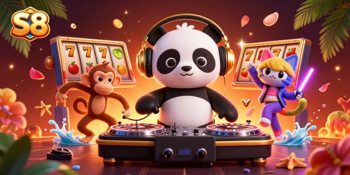 S8 slots illustration featuring a DJ panda, breakdancing monkey, and rave kitten amidst vibrant gaming elements.