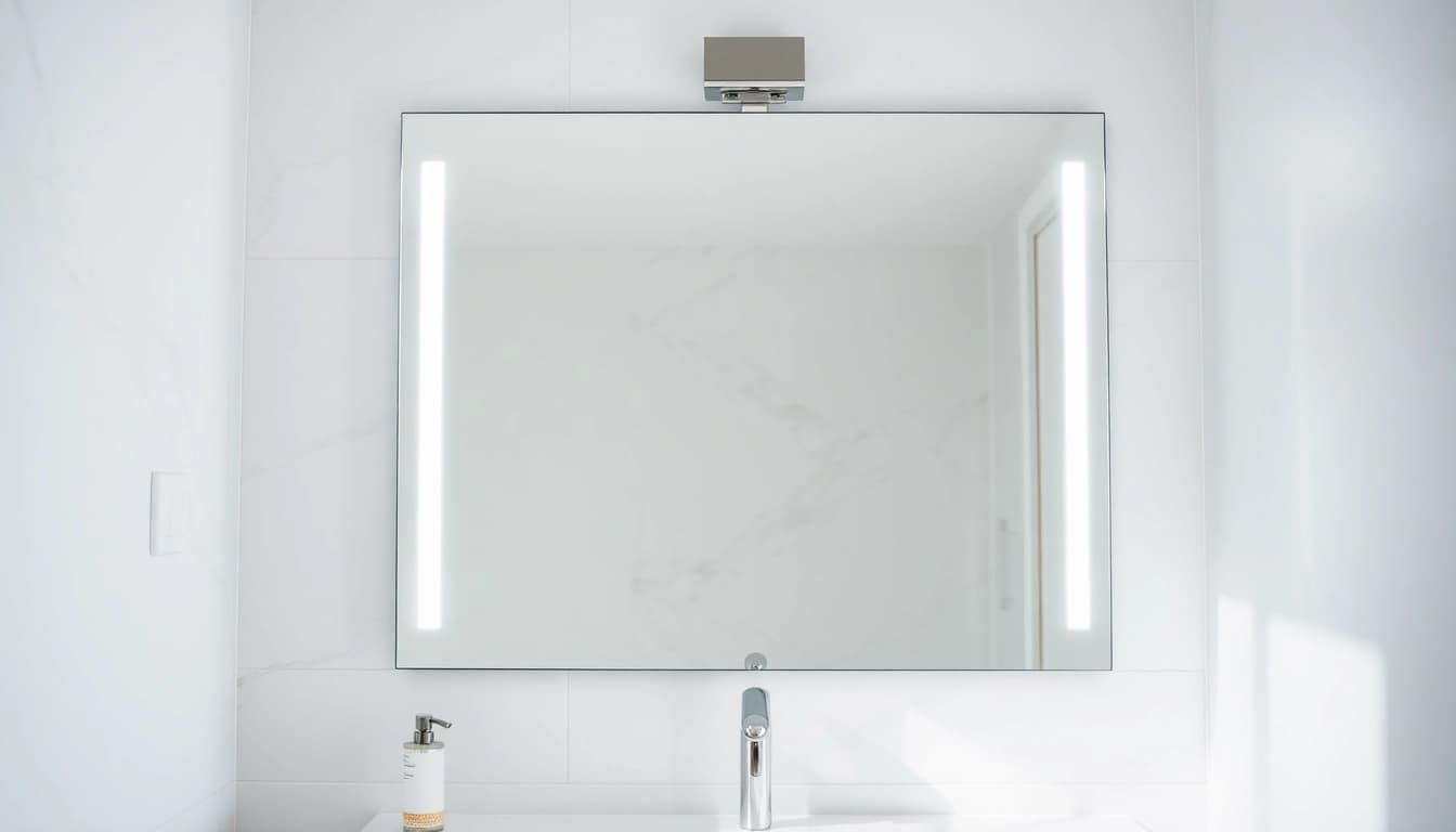 Illuminated mirror with lights enhances a modern bathroom's ambiance and style.
