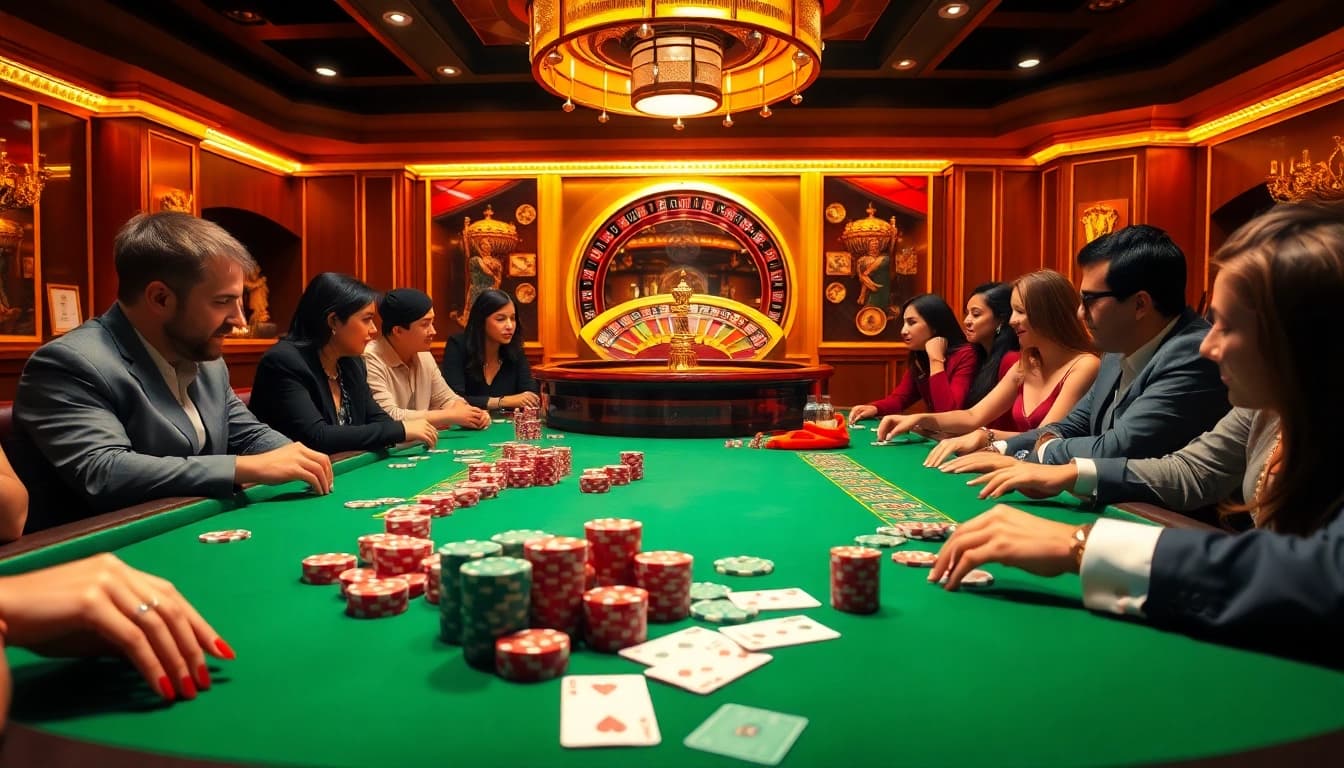 A lively poker scene at ALO789 casino, showcasing vibrant chips, cards, and a roulette wheel.