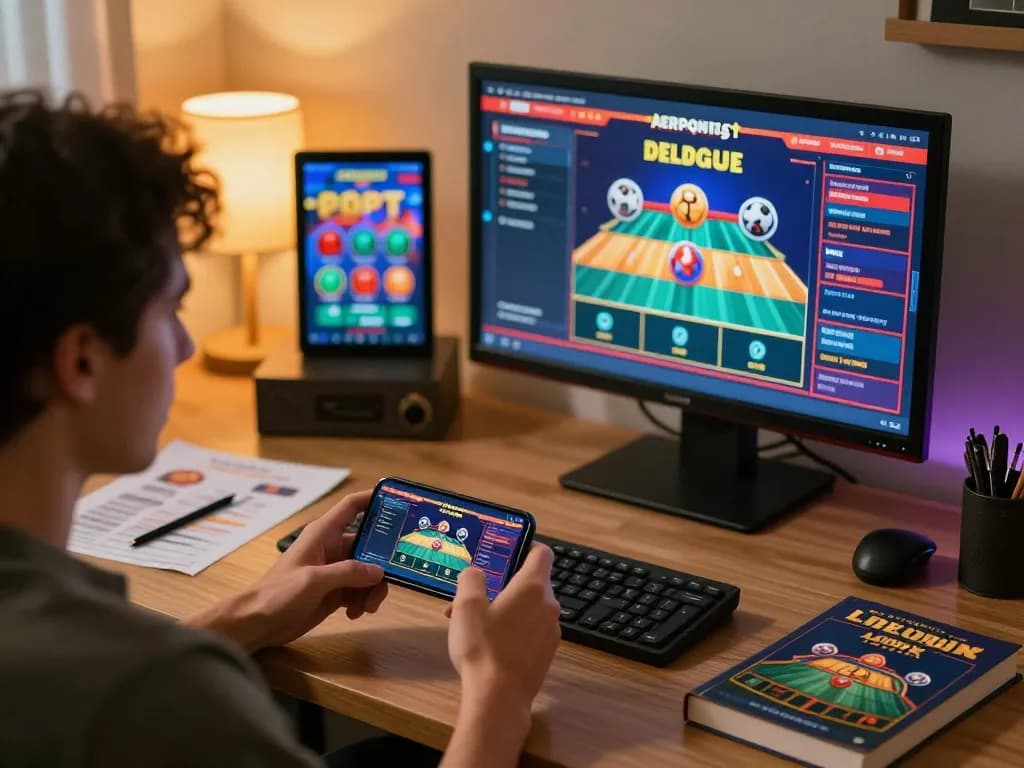 A player strategizing on C168 app for live betting while surrounded by gambling literature and tech