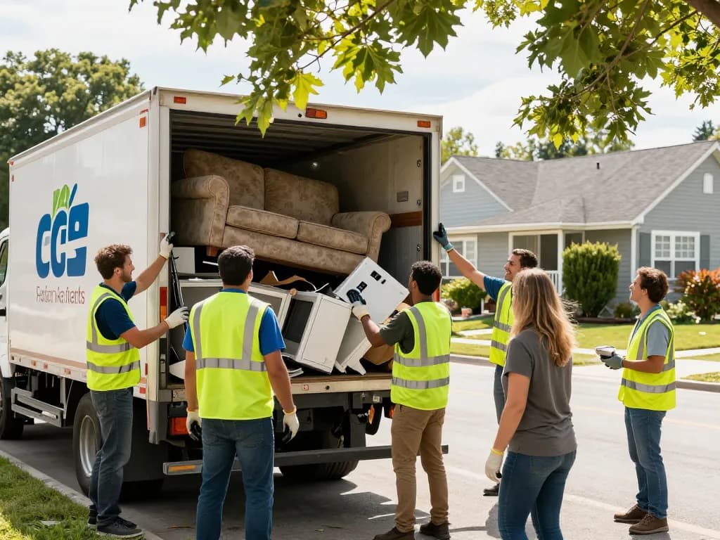 JUNK REMOVAL SERVICES in action with a dedicated team loading a truck outside a home.