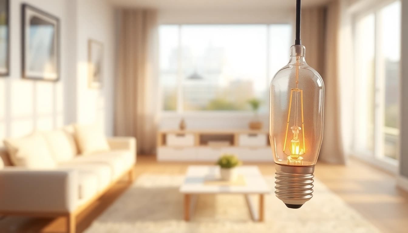 What is an A19 light bulb illuminating a stylish modern living room.