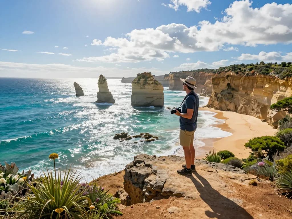 Traveler in Australia overlooking stunning coastal waters with mountains in background.