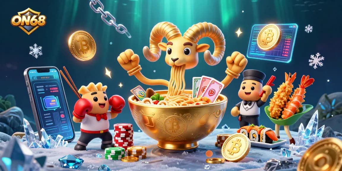 Engage in thrilling gameplay at ON68 with vibrant 3D characters, Bitcoin coins, and casino elements.