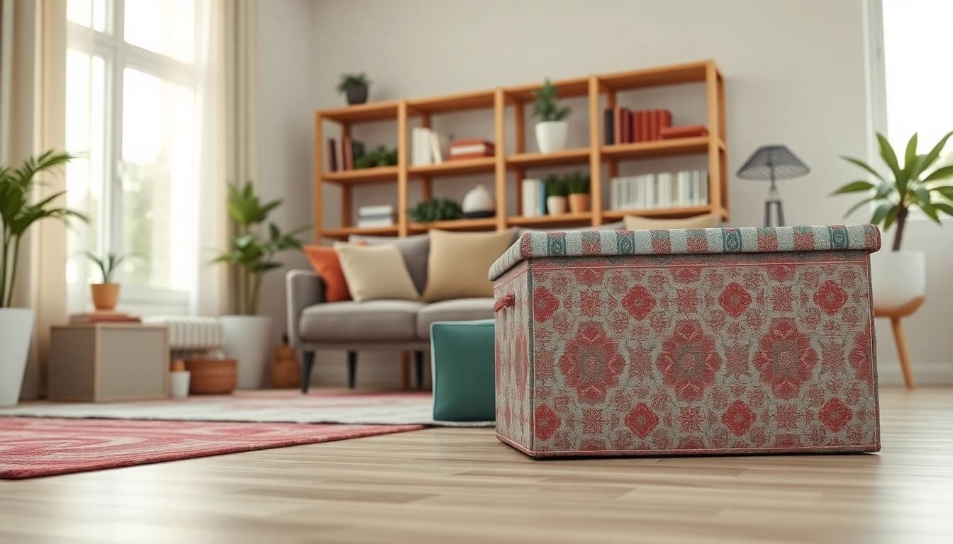 Organized storage box in a stylish living room, enhancing beauty and functionality.
