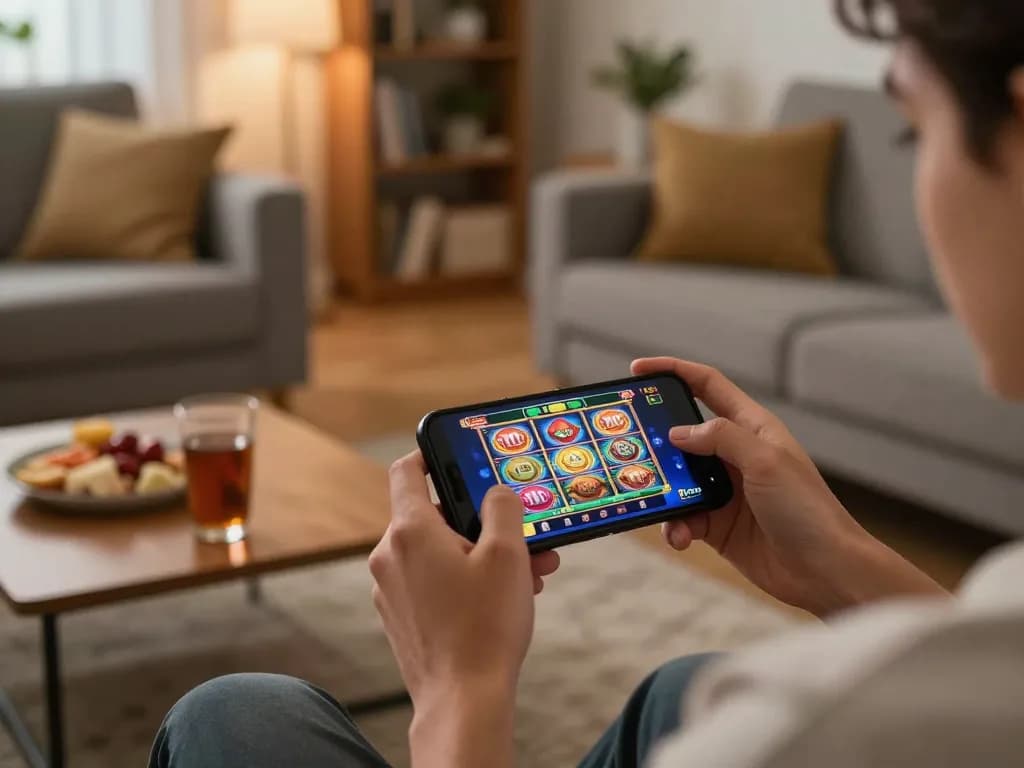 Duitgini mobile gaming scene with a player enjoying online slots on smartphone in a cozy living room