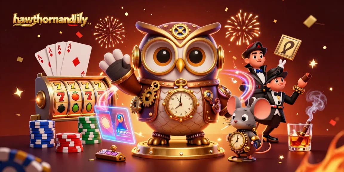 Experience hawthornandlily's vibrant slot gameplay with a steampunk owl and clockwork mouse in a detailed casino setting.