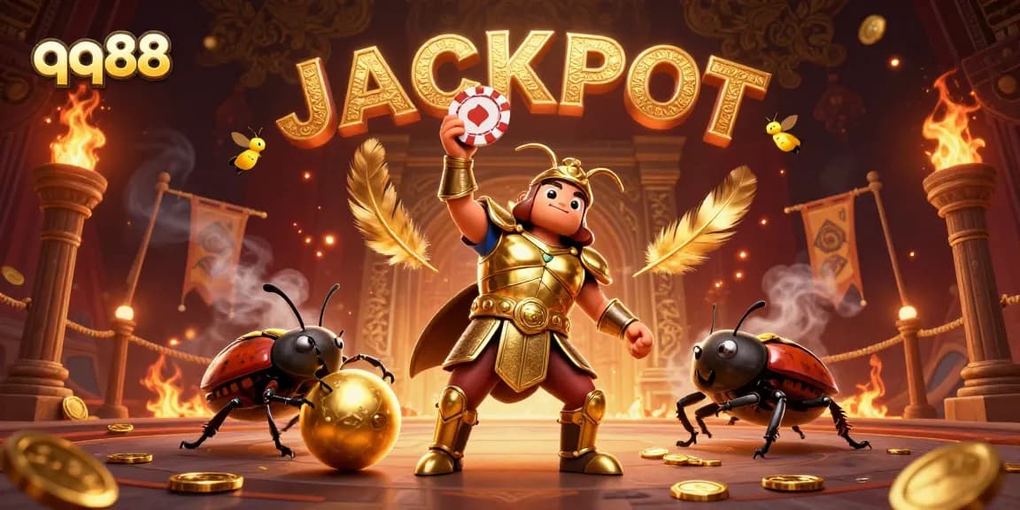 Experience the thrill of qq88 with a victorious beetle in gladiator armor lifting a poker chip in a dynamic casino scene.