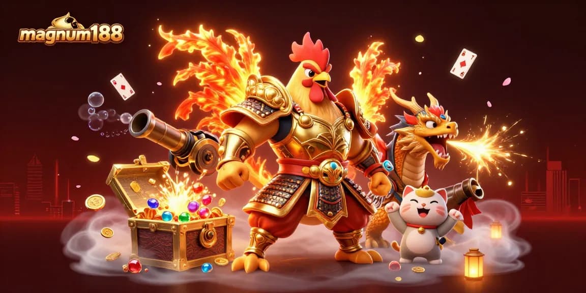 Win big on magnum188 with a dynamic scene of a fighting rooster, dragon, and fortune cat amidst a treasure-filled casino atmosphere.