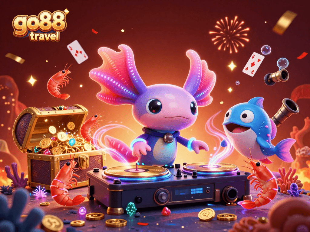 Experience exciting gameplay at go88 travel with a vibrant underwater casino party showcasing neon characters and treasures.
