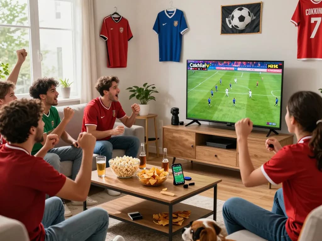Cakhiatv live soccer viewing scene with fans enjoying a match together, vibrant atmosphere, snacks, and decor.