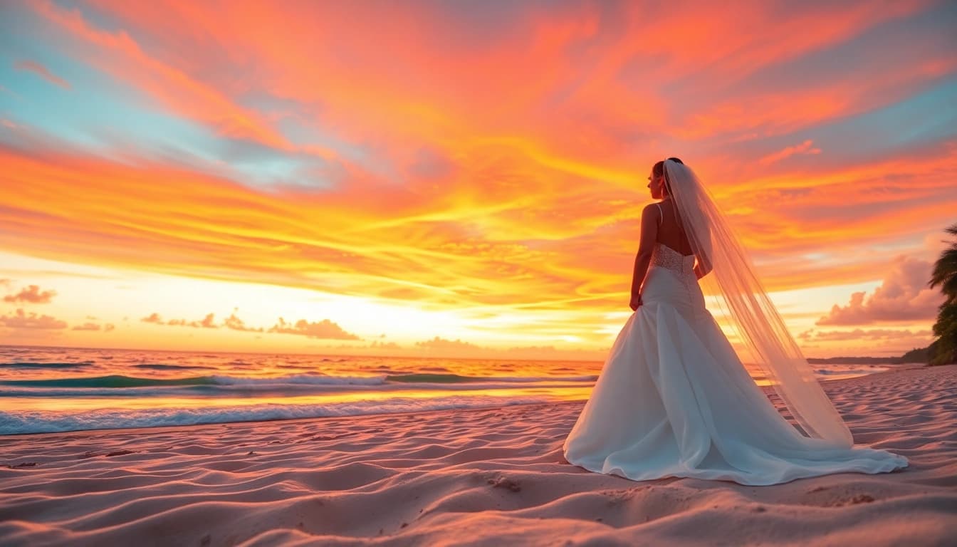 Destination photographer capturing a romantic sunset moment on a tropical beach.