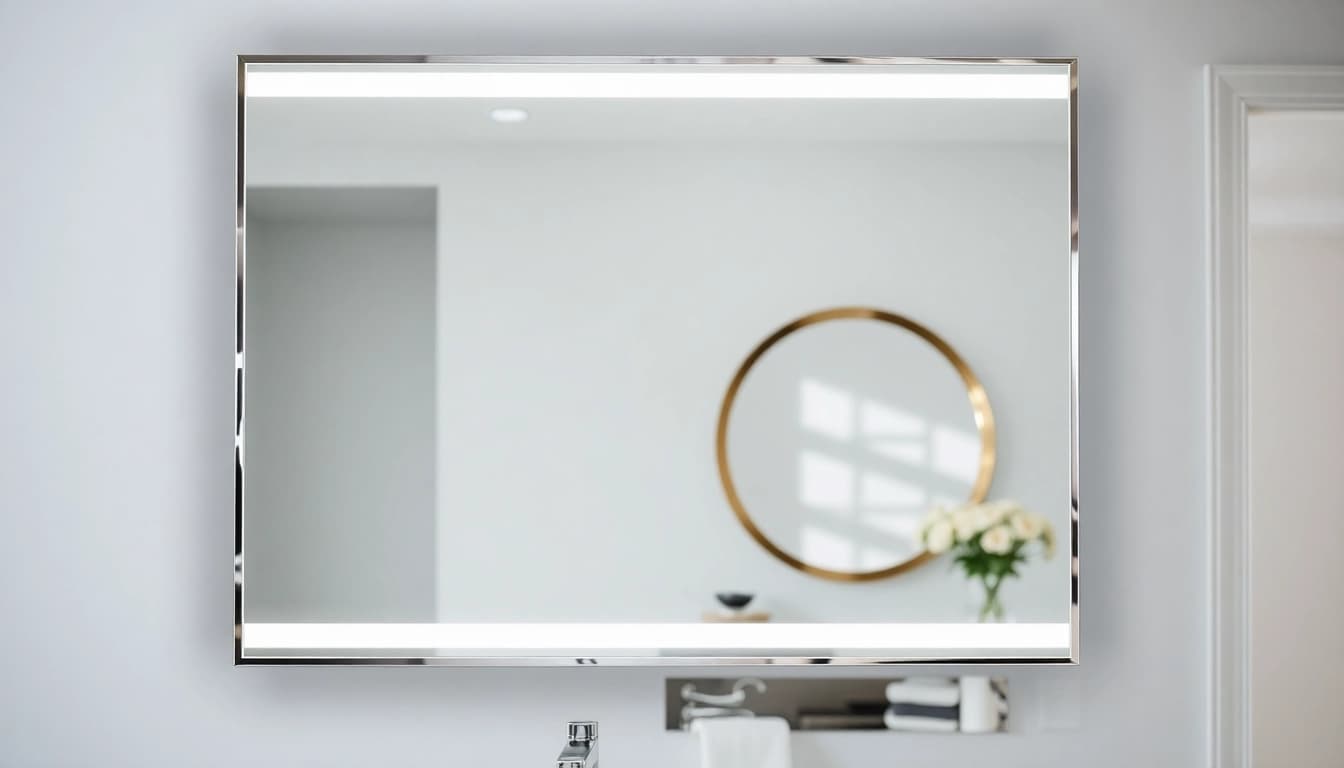 Elegant mirror and led lights reflecting soft light in a stylish bathroom setting.