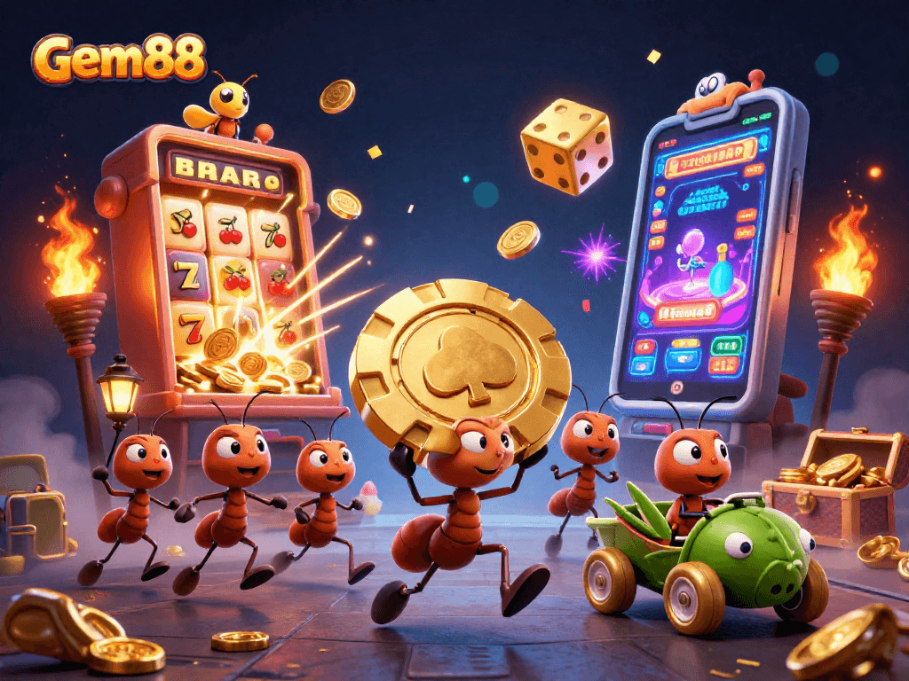 Experience gem88 with a vibrant heist of ants and a jackpot explosion in this captivating scene.