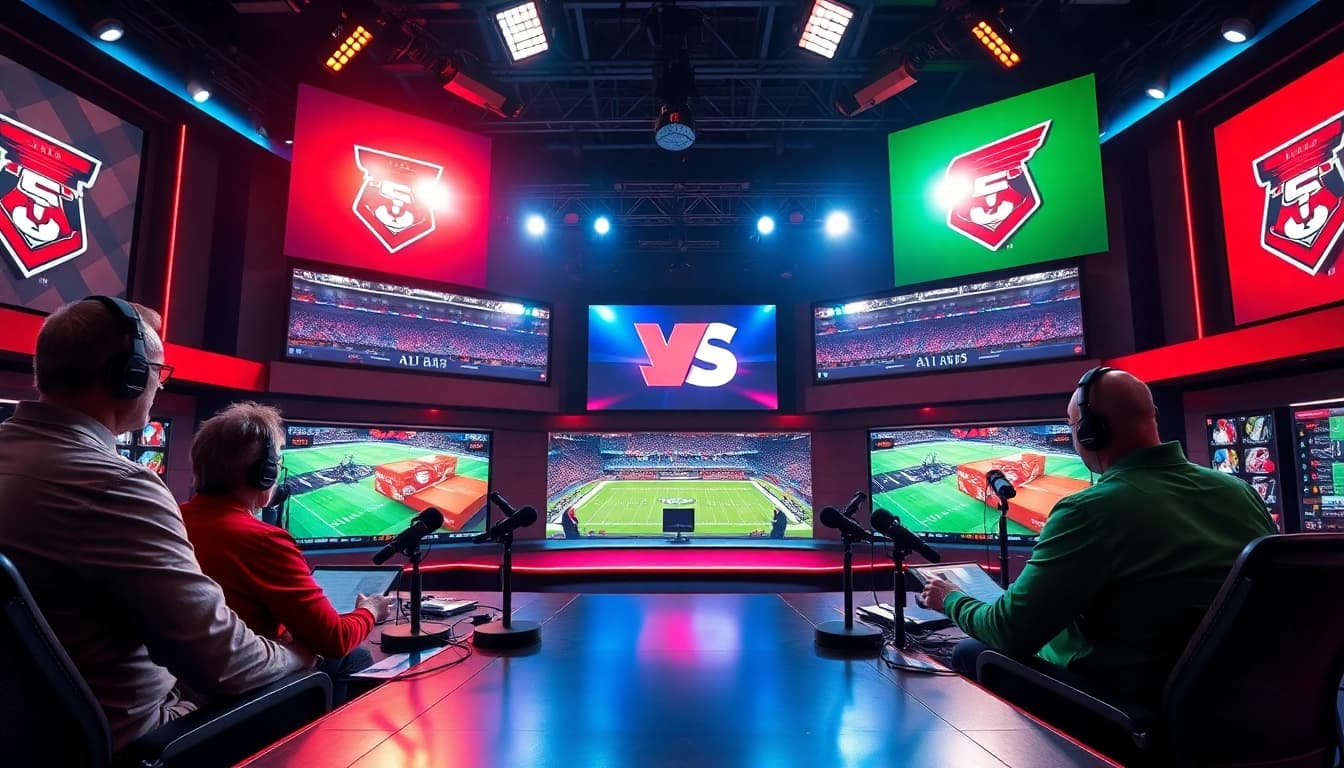 Engaging sports broadcasting scene featuring experts and live game footage on large screens.