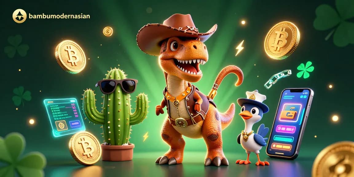 Bambumodernasian showcases a vibrant 3D casino scene with a T-Rex, cactus, and roadrunner in action.