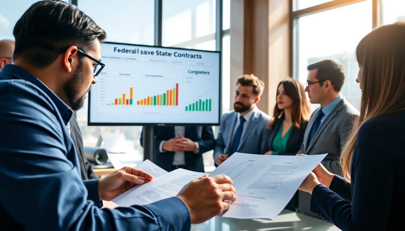 Focused professionals collaborating on Federal and State contracts analysis in a modern office.