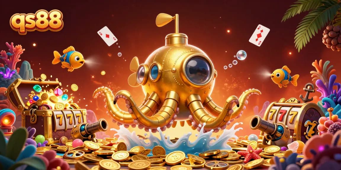 Experience the thrill of qs88 with a vibrant 3D scene featuring a golden kraken swimming through coins and slot reels.
