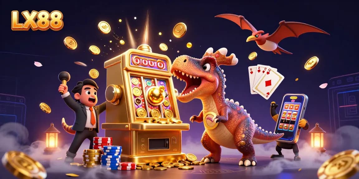 LX88 casino scene with a dinosaur hitting a jackpot slot, surrounded by coins and vibrant gaming elements.