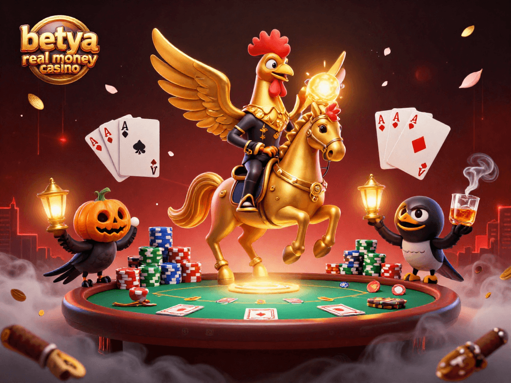 Engage in thrilling games at betya real money casino with a mystical casino illustration featuring poker elements.
